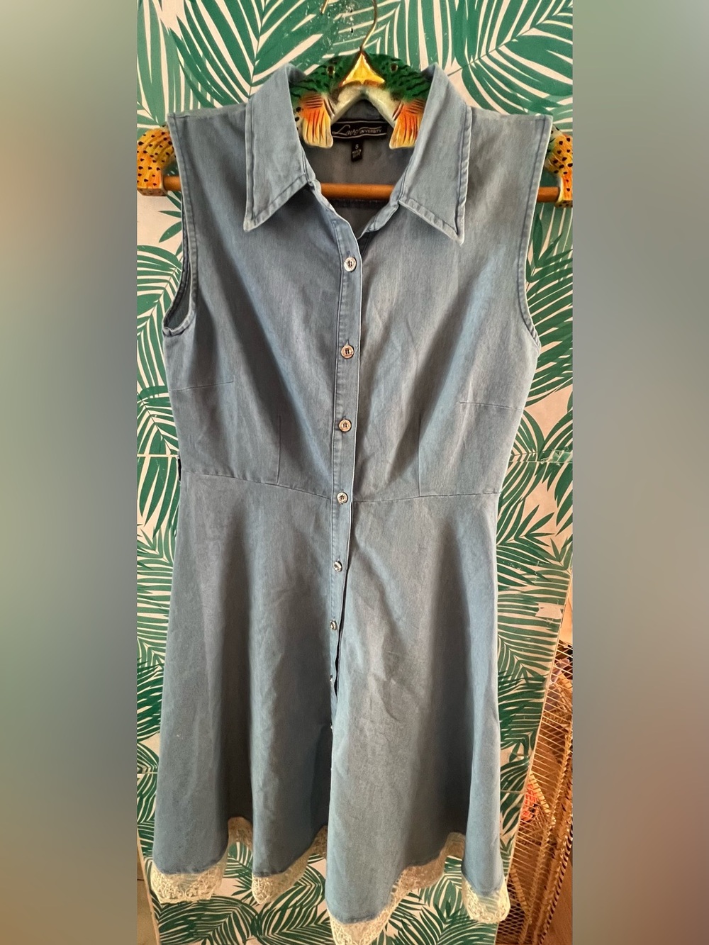Sleeveless Denim Button down Dress w/ lace detail by Love University Sz S